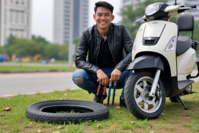 Homme souriant près d'un scooter avec pneu crevé.
