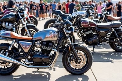Deux motos modernes exposées en plein air.