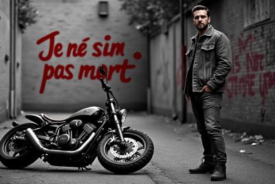 Homme devant une moto dans une ruelle urbaine.
