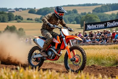 Coureur de motocross sur terrain poussiéreux en été.