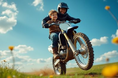 découvrez l'incroyable histoire d'un père audacieux qui réalise des wheeling sur sa motocross avec son fils de 3 ans. un moment de complicité et d'adrénaline, à la fois impressionnant et inspirant, qui montre la passion du motocross et l'amour familial. ne manquez pas cette aventure palpitante !