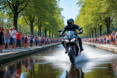 découvrez l’histoire palpitante d’un motard intrépide qui défie les règles au bord du canal, manœuvrant habilement parmi les promeneurs et les dangers lors d’une virée pleine d’audace.