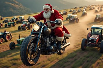 découvrez le père noël à moto réalisant un survol spectaculaire de tracteurs pour soutenir et encourager les agriculteurs avec énergie et solidarité.