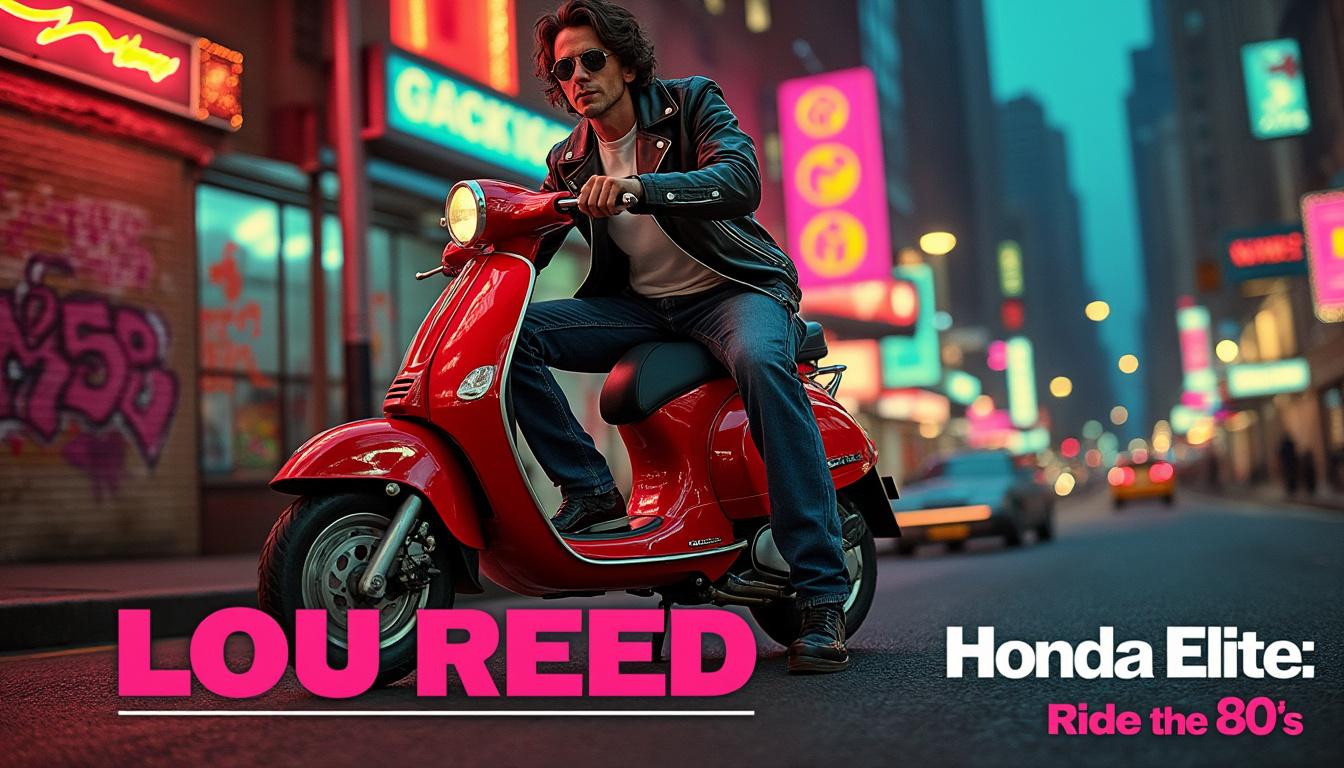 découvrez la honda elite revisitée à travers les publicités vintage, avec une touche unique inspirée par lou reed. plongez dans un univers rétro et musical.