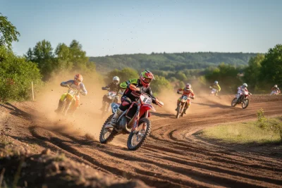 Motards en action sur un circuit de motocross verdoyant.