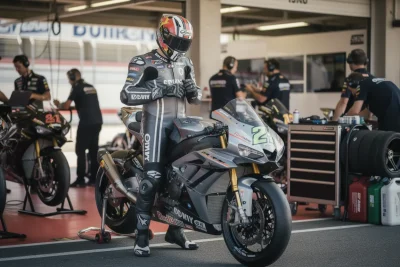 Pilote de moto se préparant avant une course à Magny-Cours.