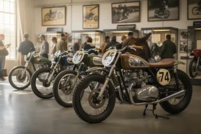 Photographie d'une exposition de motos vintage dans un musée.