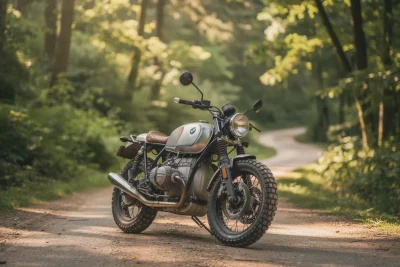 Moto BMW R100STR Scrambler sur une route en terre verdoyante.