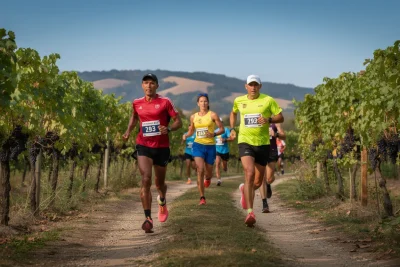 Des coureurs en plein effort dans un vignoble sous un ciel bleu.