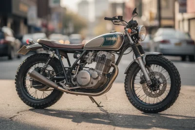 Moto Yamaha SR400 'Dohwa' personnalisée sur une rue urbaine.