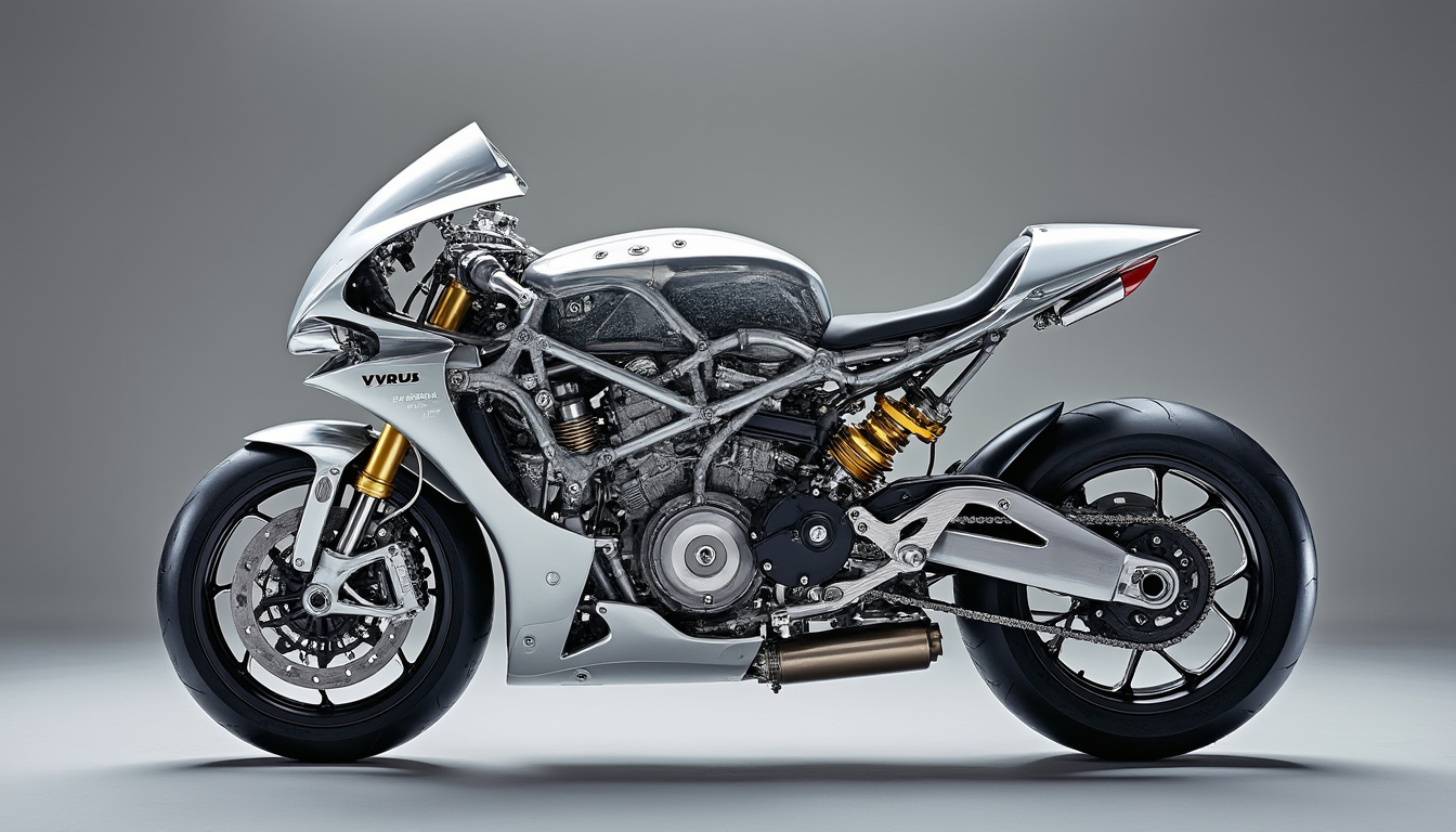 découvrez la vyrus 987 c³ 4v : une superbike de 159 kg au moteur ducati, dotée d’une direction à moyeu central innovante.